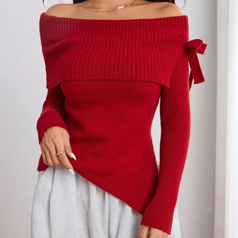 Burgundy Casual Women's Asymmetric Hem Off Shoulder Long Sleeve Sweater